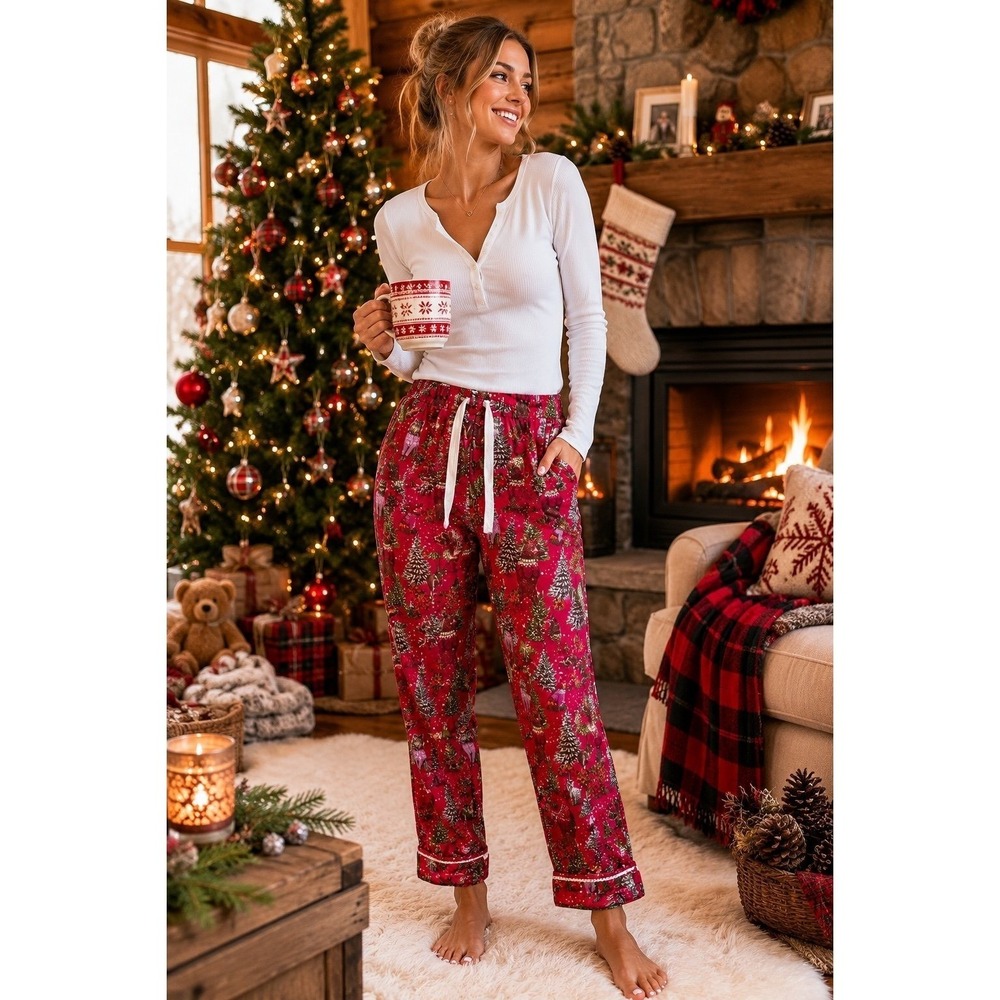 FatFace Christmas Pajama Pants Womens US 6 Red Woodland Animals Cotton